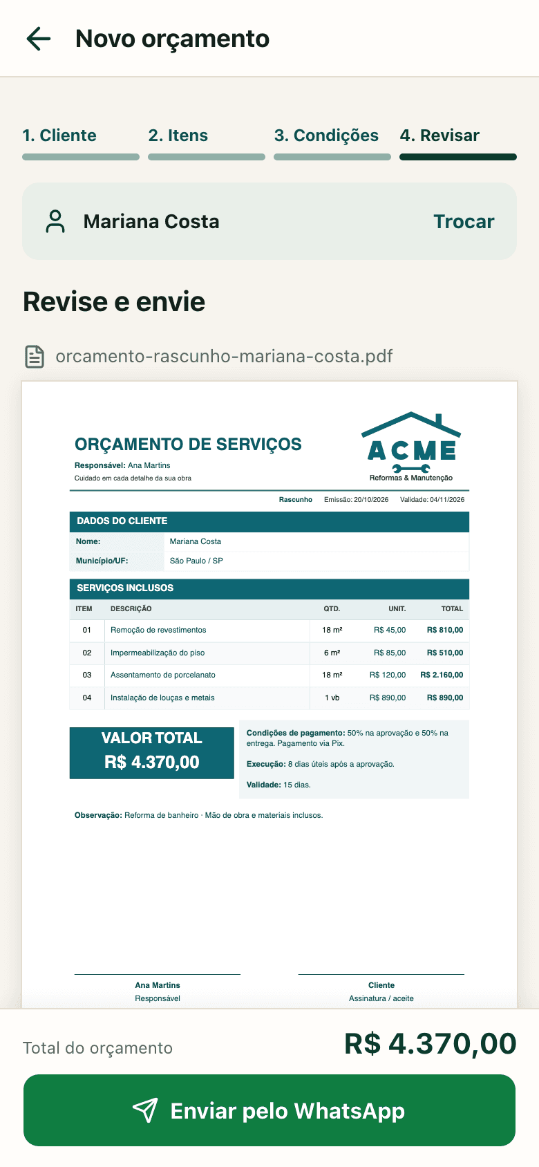 Tela de revisão de orçamento antes de enviar pelo WhatsApp
